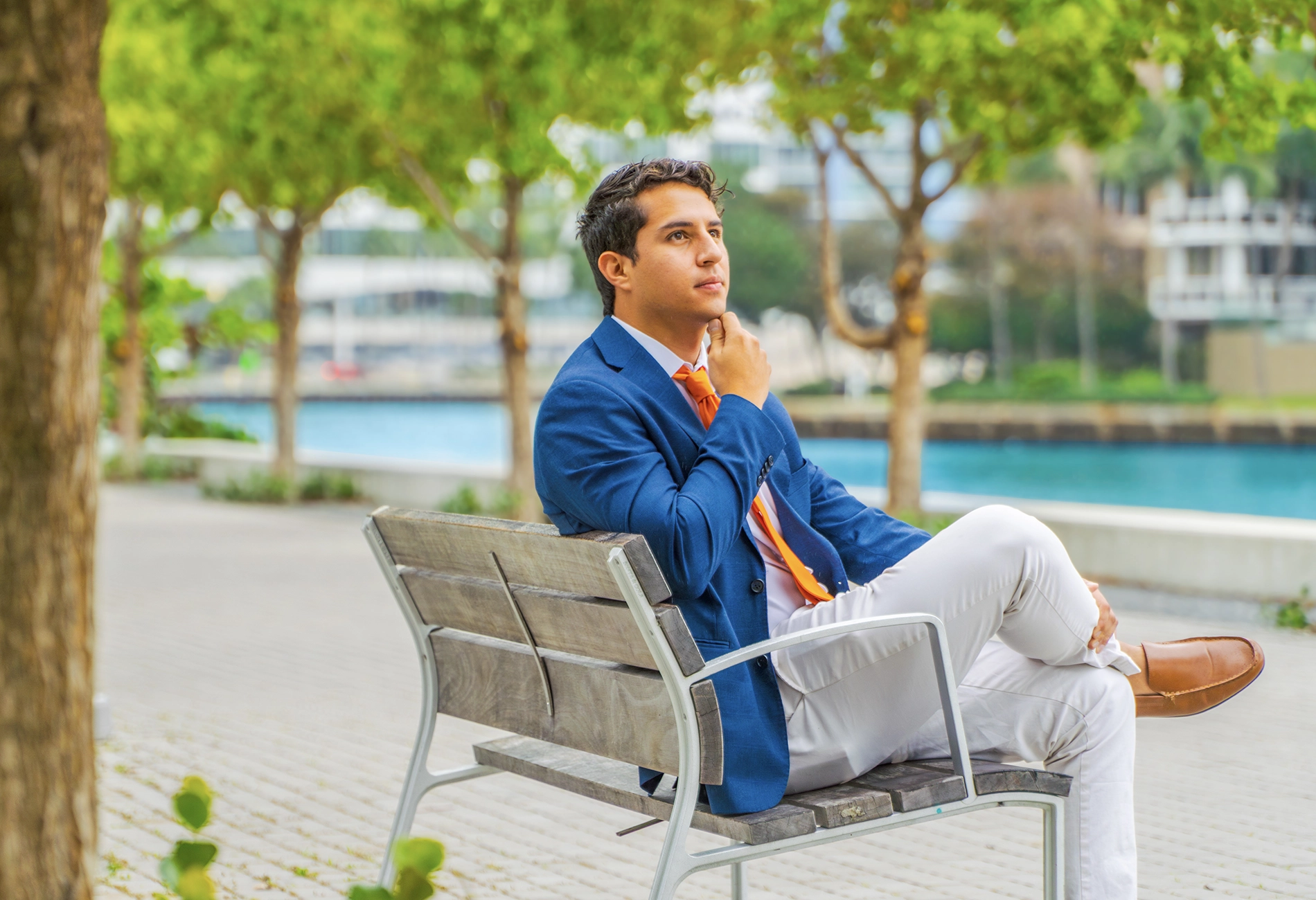Student sitting on a bench beneath a tree on a sunny day.